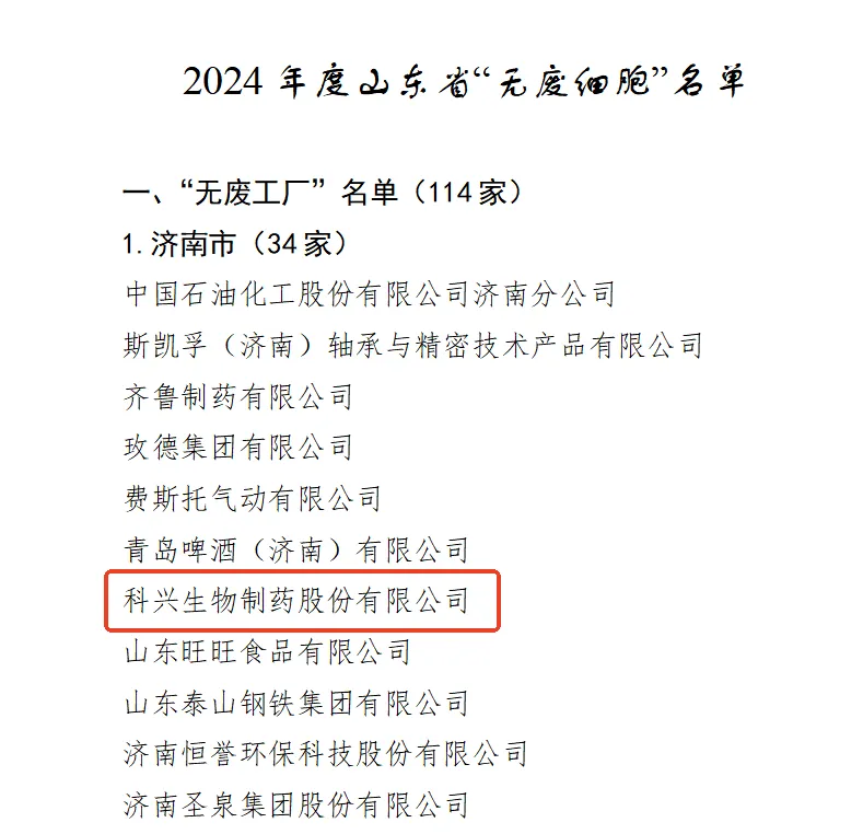 喜訊丨科興制藥榮獲“2024年度山東省省級(jí)無廢工廠”榮譽(yù)稱號(hào)